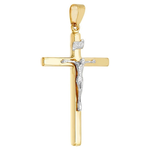 14k Yellow and White Gold Square Tube Cross Pendant Necklace T382584