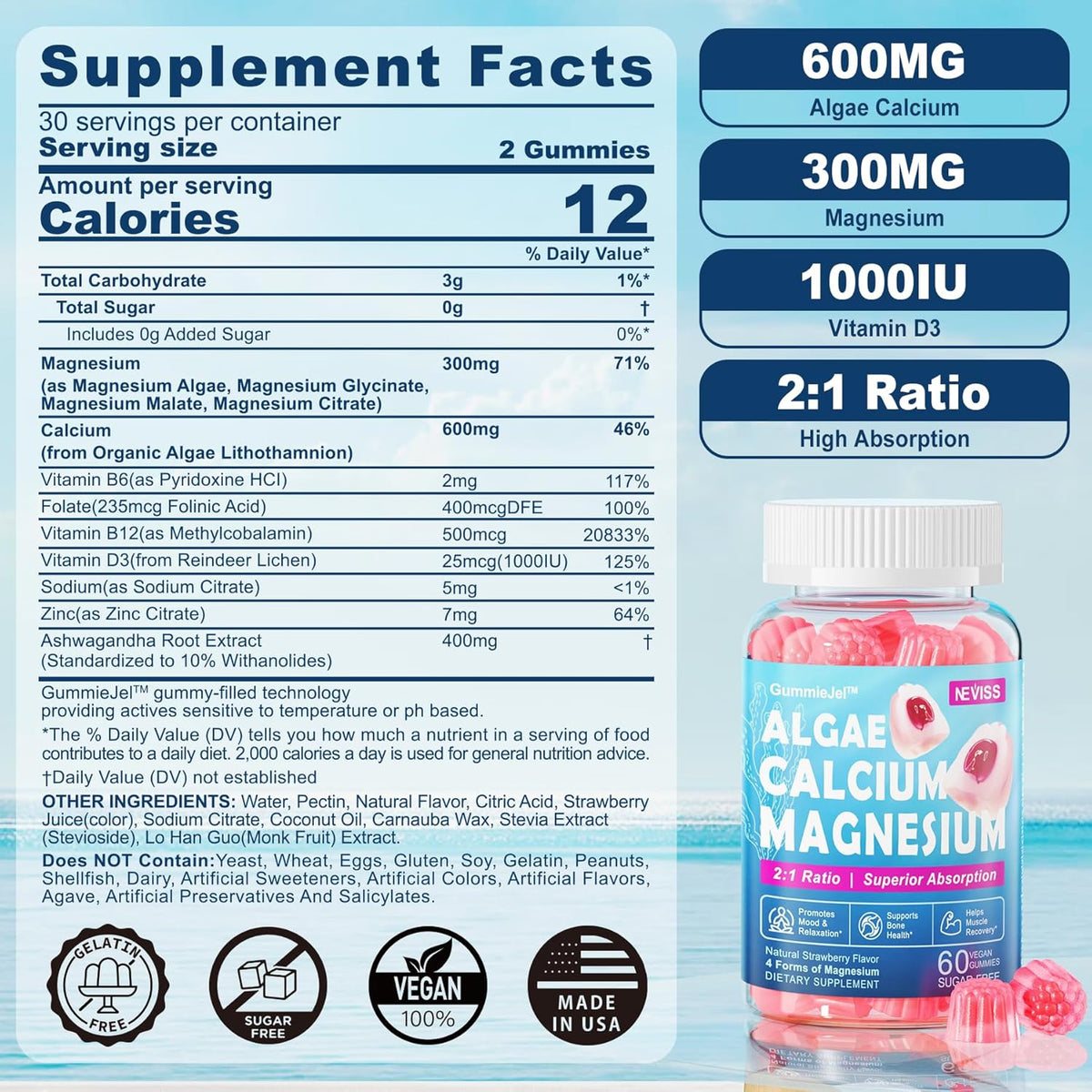 Calcium Supplement Gummy with Algae Calcium 600mg, Magnesium 300mg, Zinc, D3 & B12 Complex, 1Pack I56754