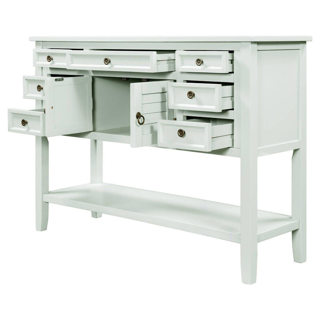 Light Blue Pine Console Table with 7 Drawers and 1 Cabinet and 1 Shelf J287019