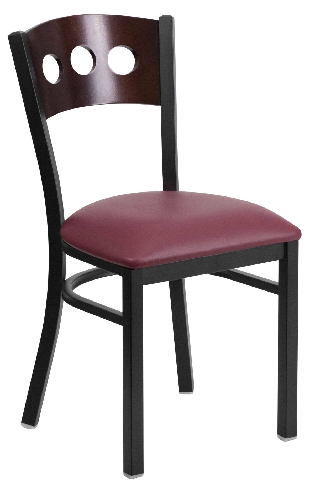 Black Metal Restaurant Chair with Walnut Wood Back and Burgundy Vinyl Seat V35438