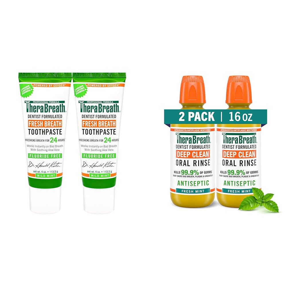 Mild Mint Fluoride Free Toothpaste 4 Ounce (Pack of 2) and Fresh Mint Alcohol Free Antigingivitis Mouthwash 16 fl oz (Pack of 2) O291142