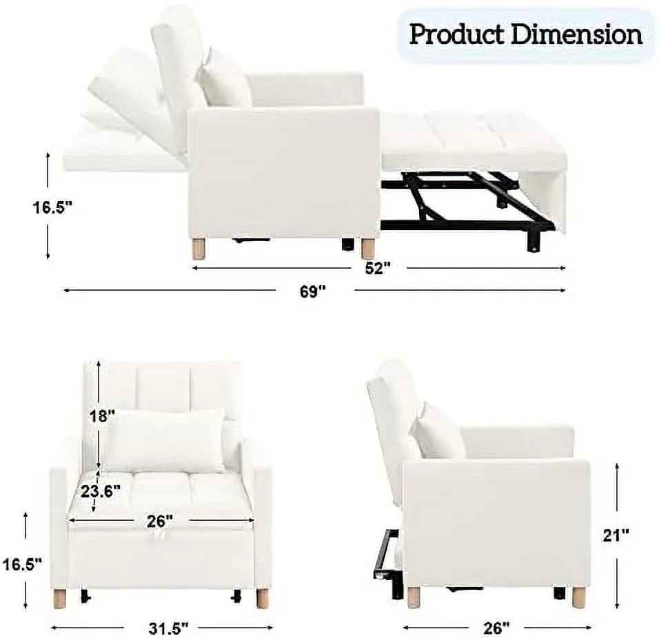Convertible Chair Sleeper Velvet Adjustable Single Sofa Bed with Lumbar B7135