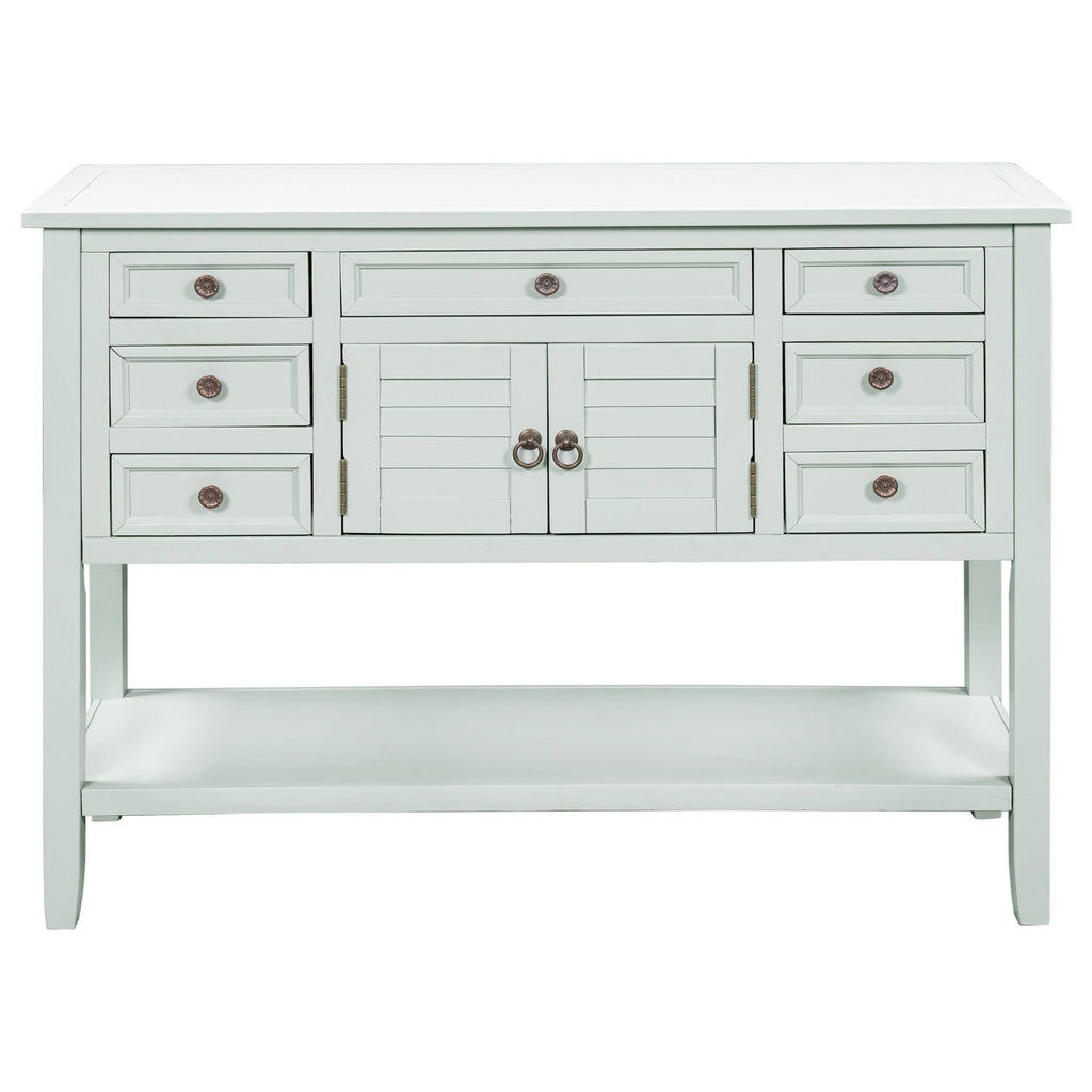 Light Blue Pine Console Table with 7 Drawers and 1 Cabinet and 1 Shelf J287019