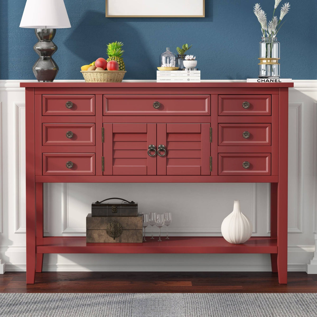 Light Blue Pine Console Table with 7 Drawers and 1 Cabinet and 1 Shelf J287019