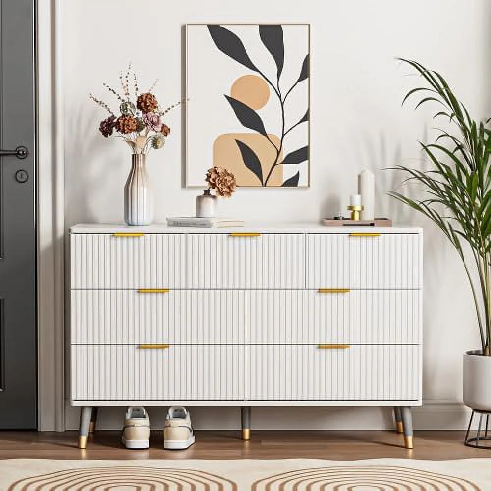 7 Drawer White Gold Wood Dresser Q35941