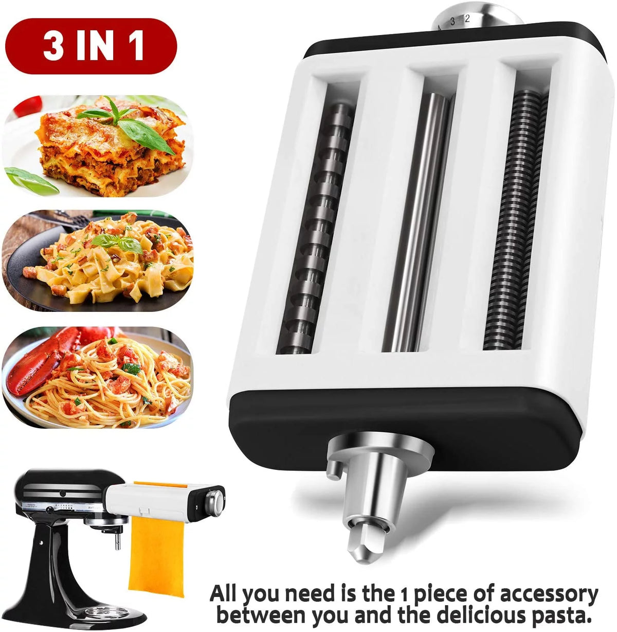 3 In 1 Pasta Maker Attachment for Kitchenaid Mixer with Pasta Dough Roller, Spaghetti Cutter, Fettuccine Cutter and Cleaning Brush O44867