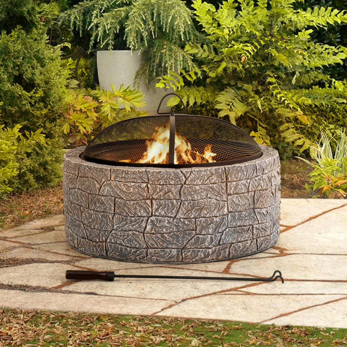 26 in. Stone Wood Burning Fire Pit with Steel Mesh Spark Screen and Fire Poker J94365