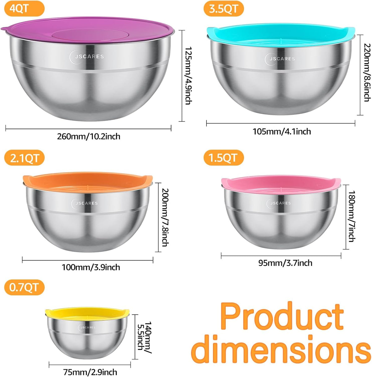 5 Piece Stainless Steel Mixing Bowls with Lids Set T485