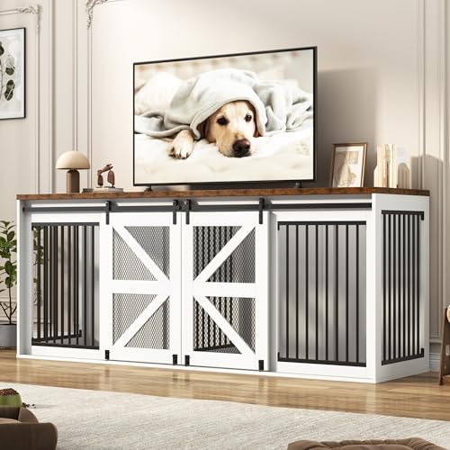 Black Wooden Dog Crate TV Stand with Sliding Metal Mesh Barn Door T98832