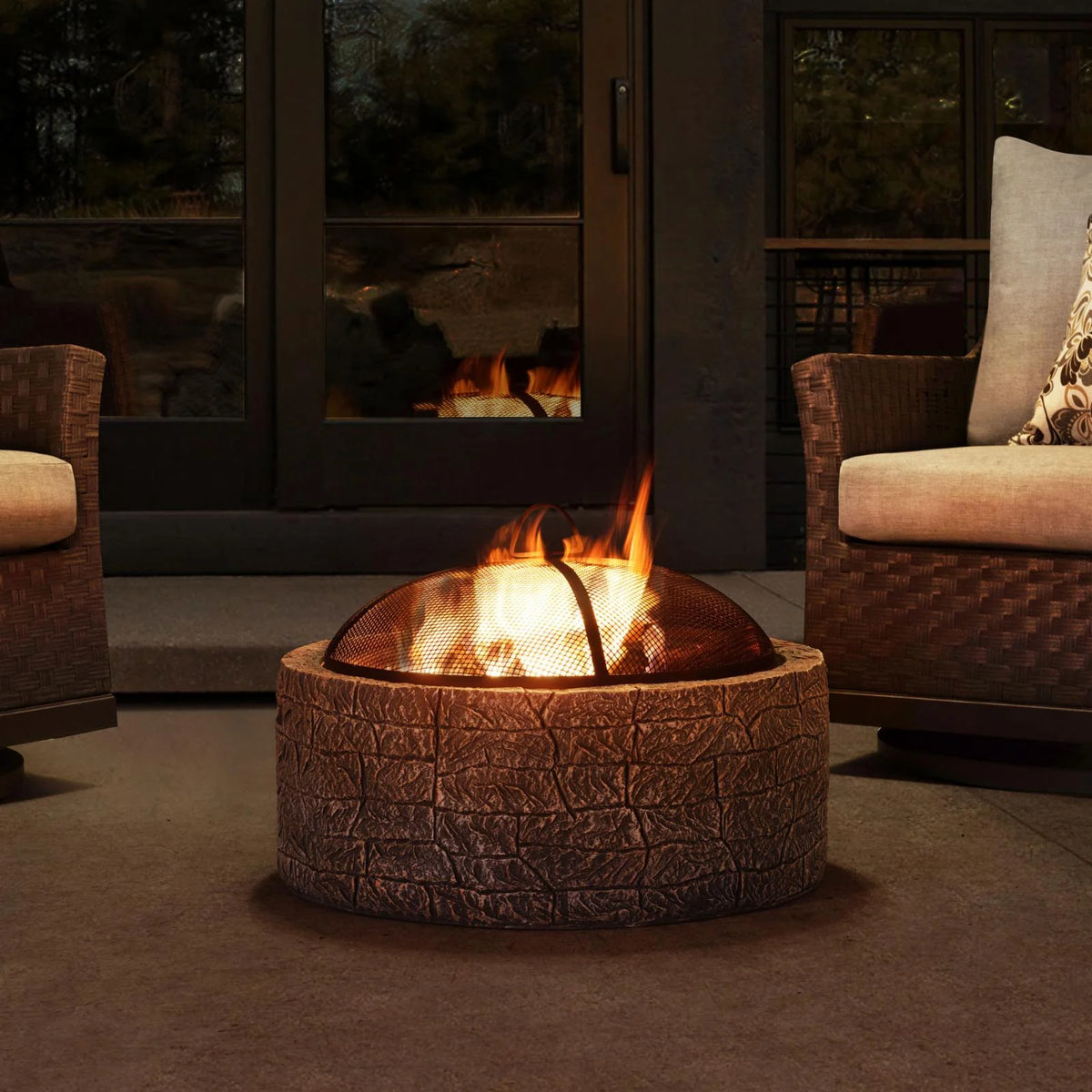26 in. Stone Wood Burning Fire Pit with Steel Mesh Spark Screen and Fire Poker J94365