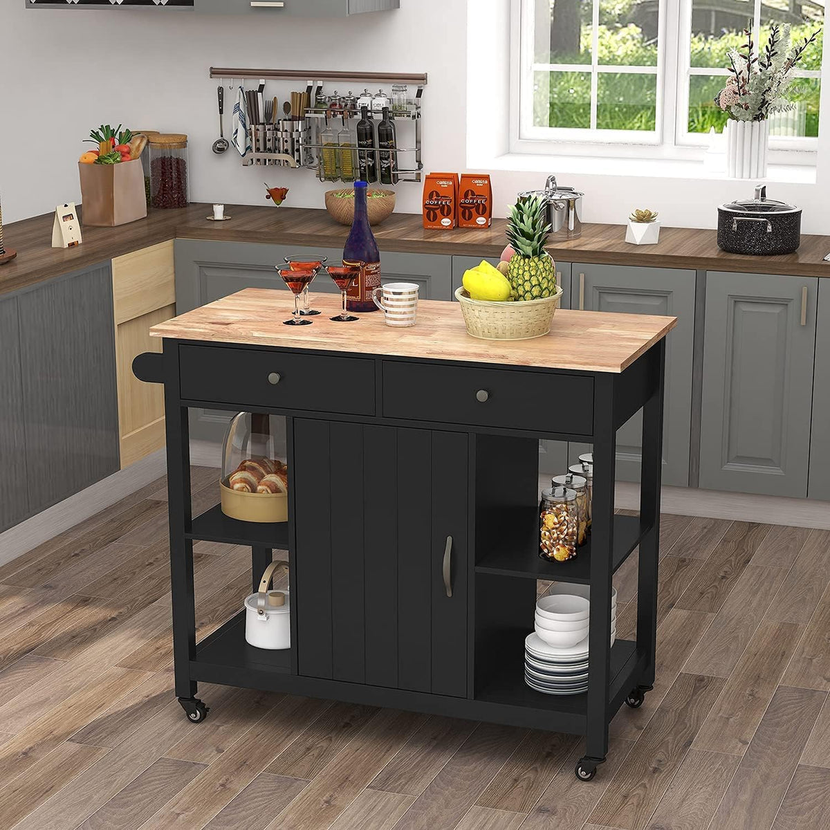 Black Wood Kitchen Cart with Storage and Drawers M97268