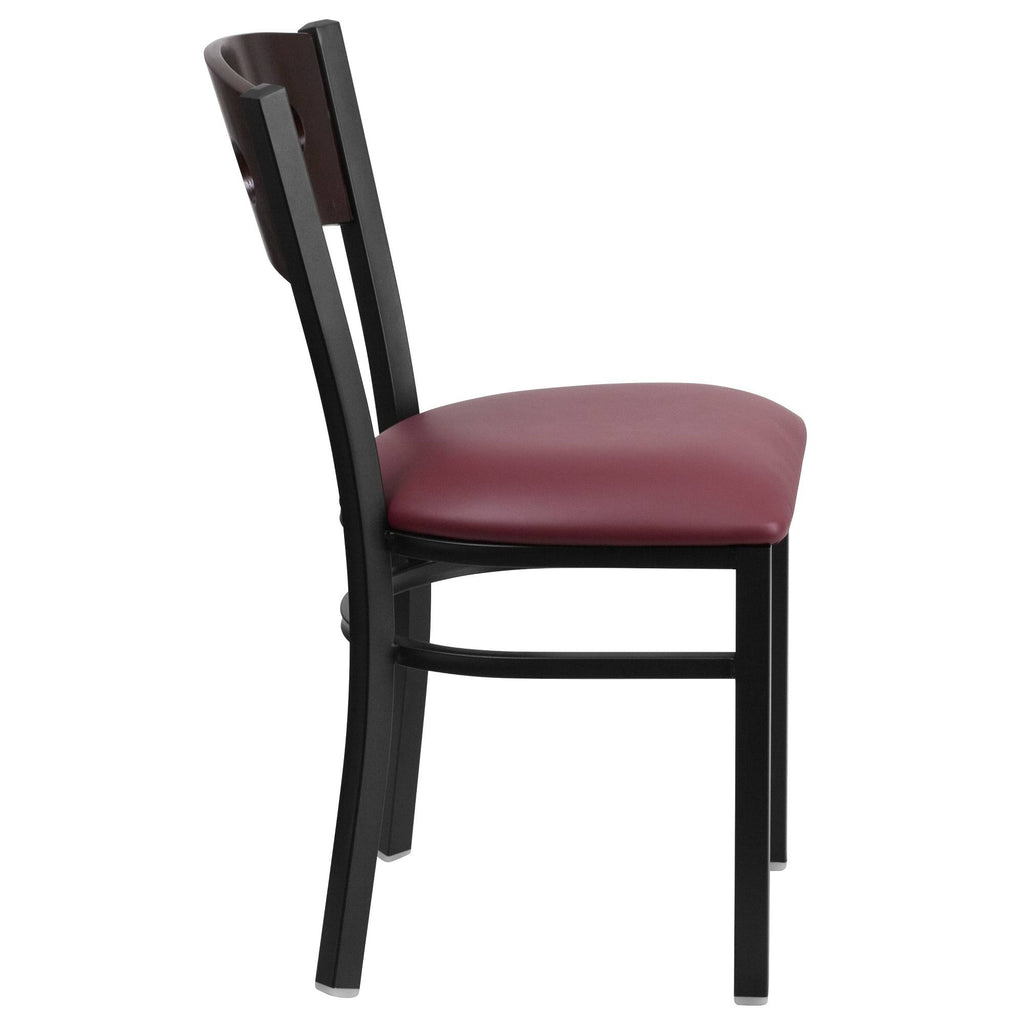 Black Metal Restaurant Chair with Walnut Wood Back and Burgundy Vinyl Seat V35438