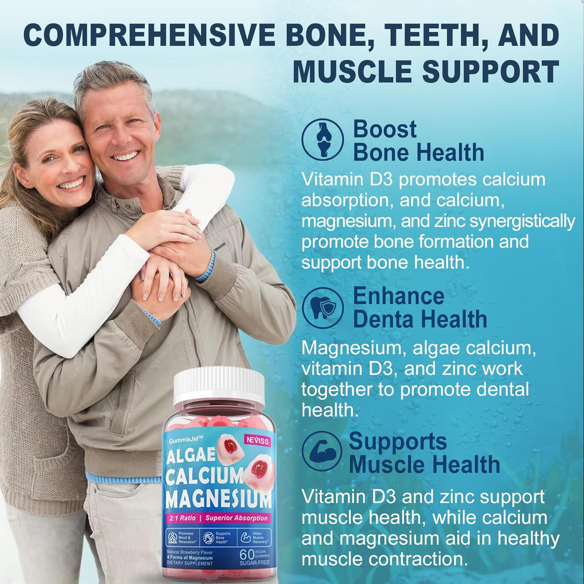 Calcium Supplement Gummy with Algae Calcium 600mg, Magnesium 300mg, Zinc, D3 & B12 Complex, 1Pack I56754