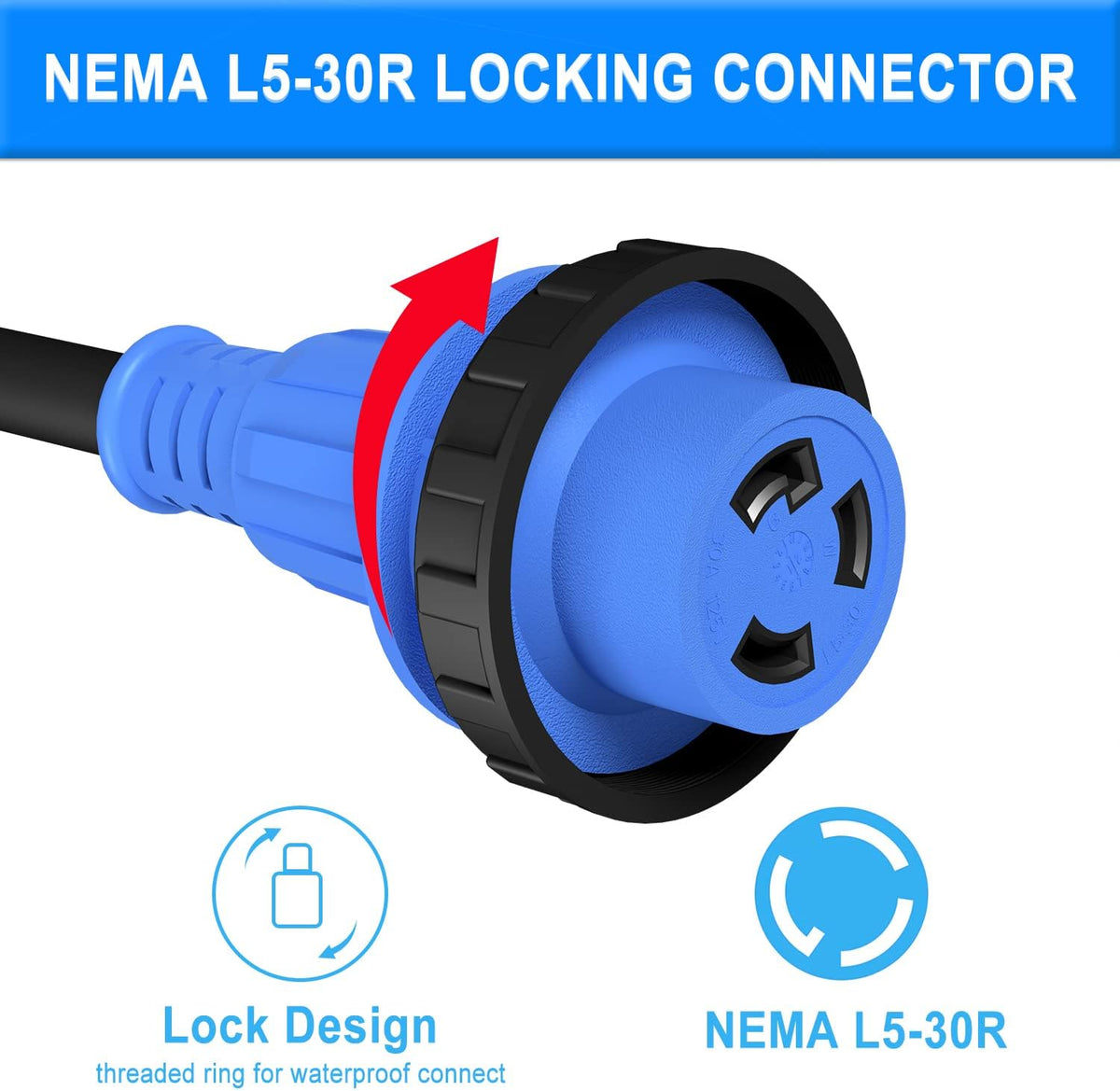 30 Amp 25 Feet RV Extension Cord with Polarity LED Light, Grip Handle, Twist Locking, STW 10AWG 3 Wire, NEMA TT-30P to L5-30R, Pack of 2 M28572