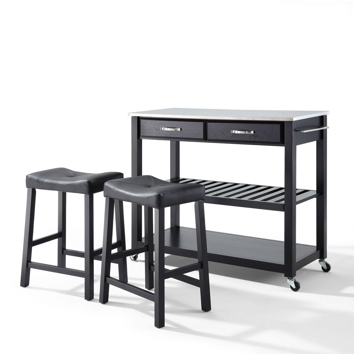 Stainless Steel Top Kitchen Cart Island with 24" Upholstered Saddle Stools K655227