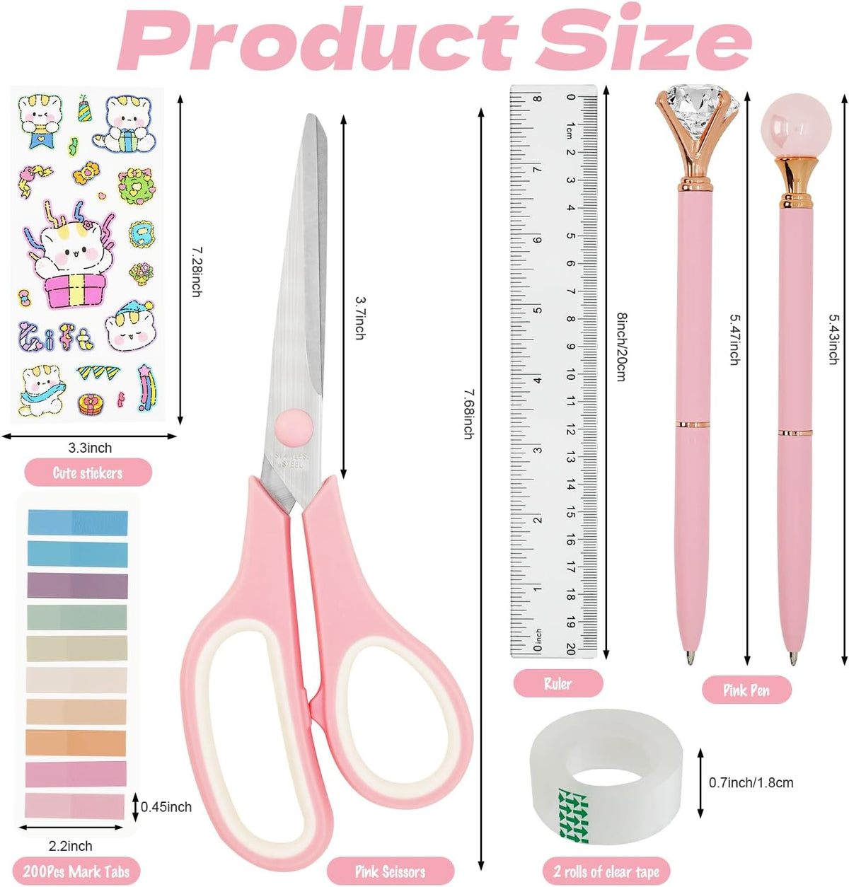 Pink Office Supplies Set with Stapler, Tape Dispenser, Pen Holder, 1000 Staples E317
