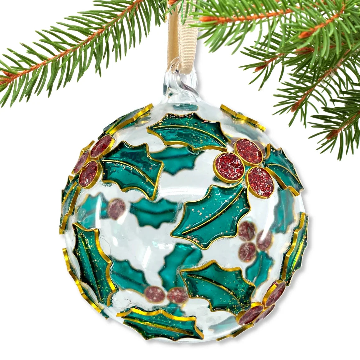 Cloisonne Holly Glass Ball Ornament Z4668