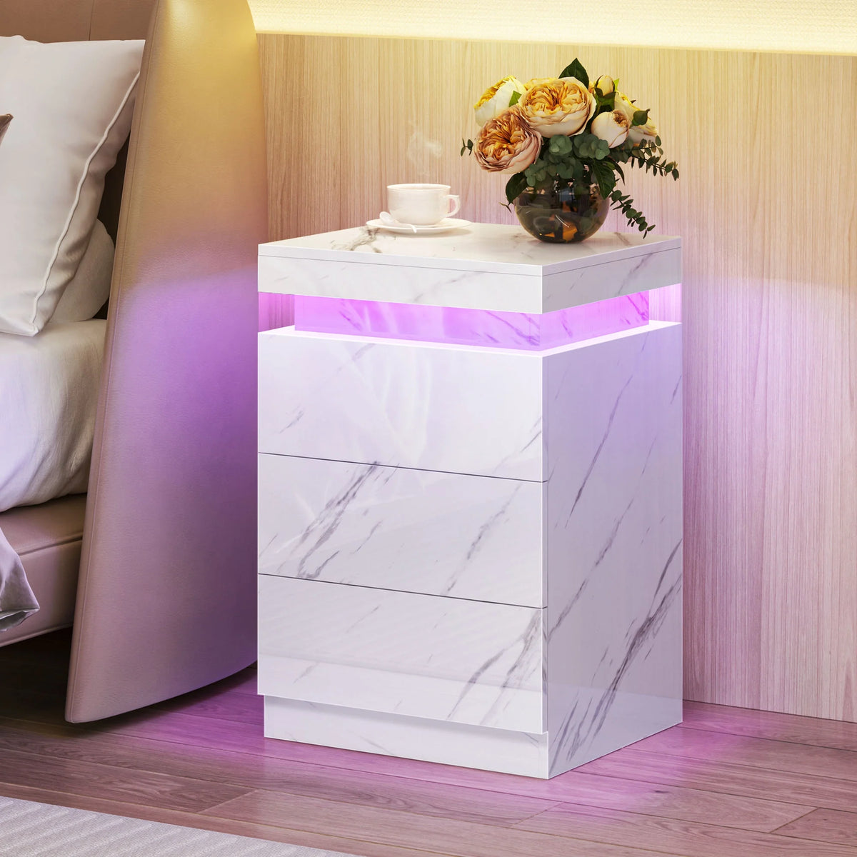 Set of 2 LED Nightstand with 3 Drawers Y8111