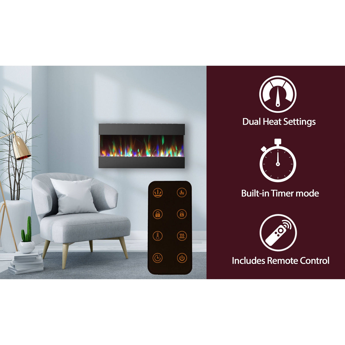 Recessed Wall Mounted Electric Fireplace with Crystal and LED Color Changing Display, Black M48664
