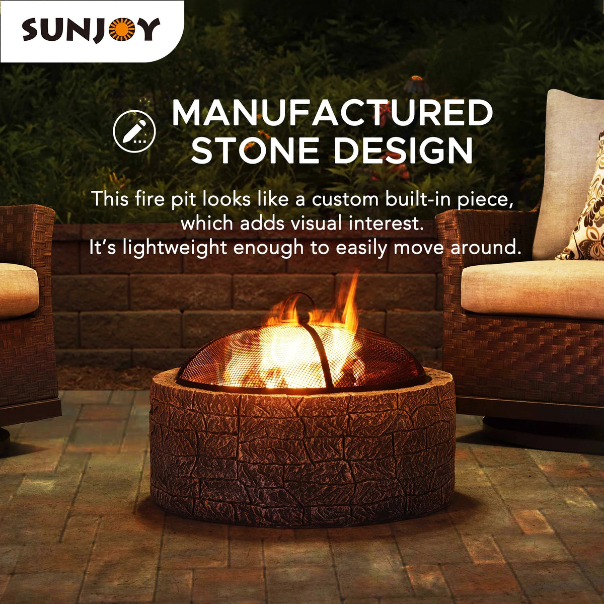 26 in. Stone Wood Burning Fire Pit with Steel Mesh Spark Screen and Fire Poker J94365