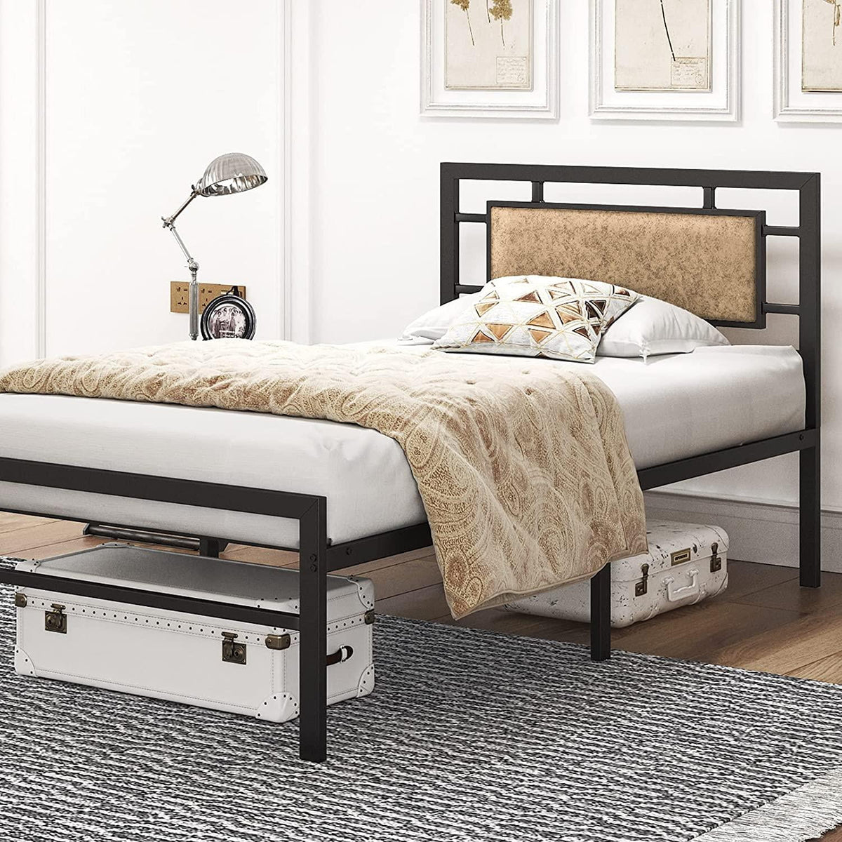 Vintage Metal Twin Bed Frame with Faux Leather Headboard I9711