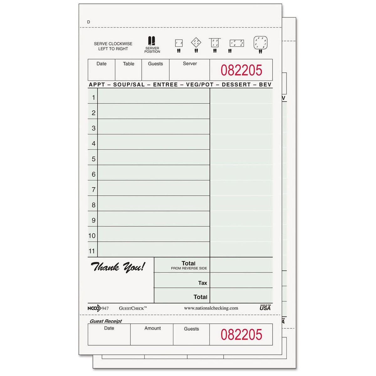 Carbonless Two-Part Guest Check, Green/White S49559