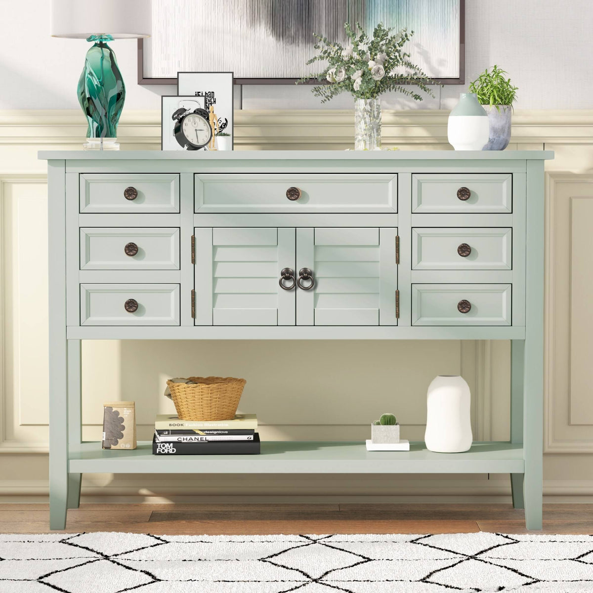 Light Blue Pine Console Table with 7 Drawers and 1 Cabinet and 1 Shelf J287019