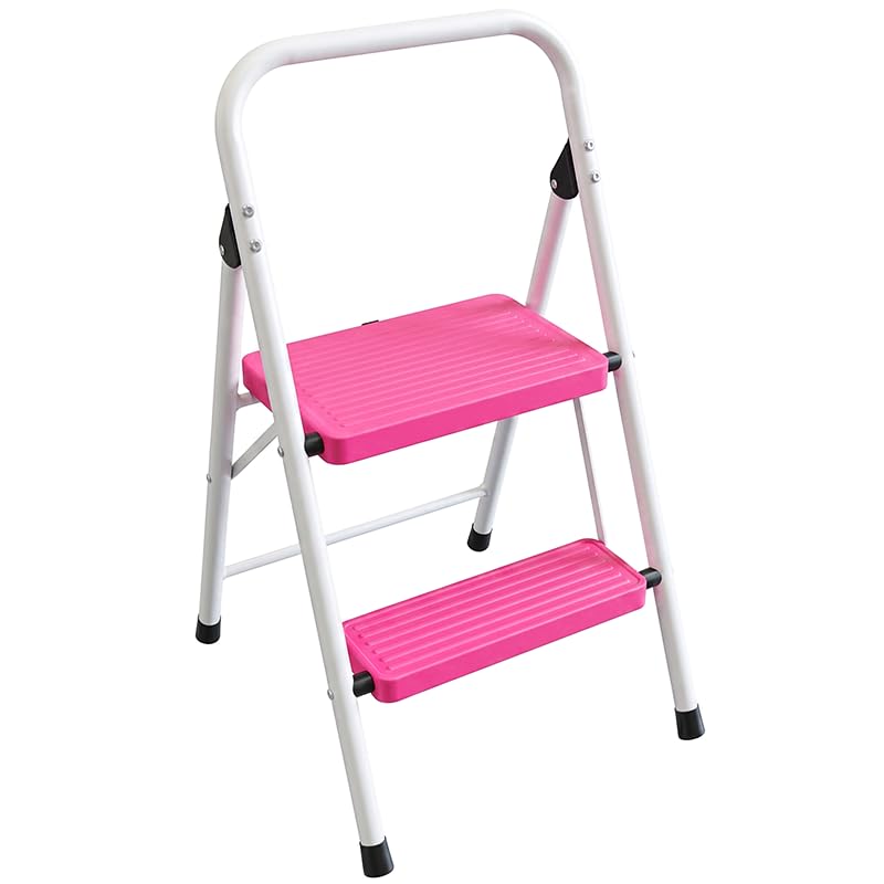 2 Step Stool Folding Anti-Slip Lightweight Steel 330LBS Pink G63914