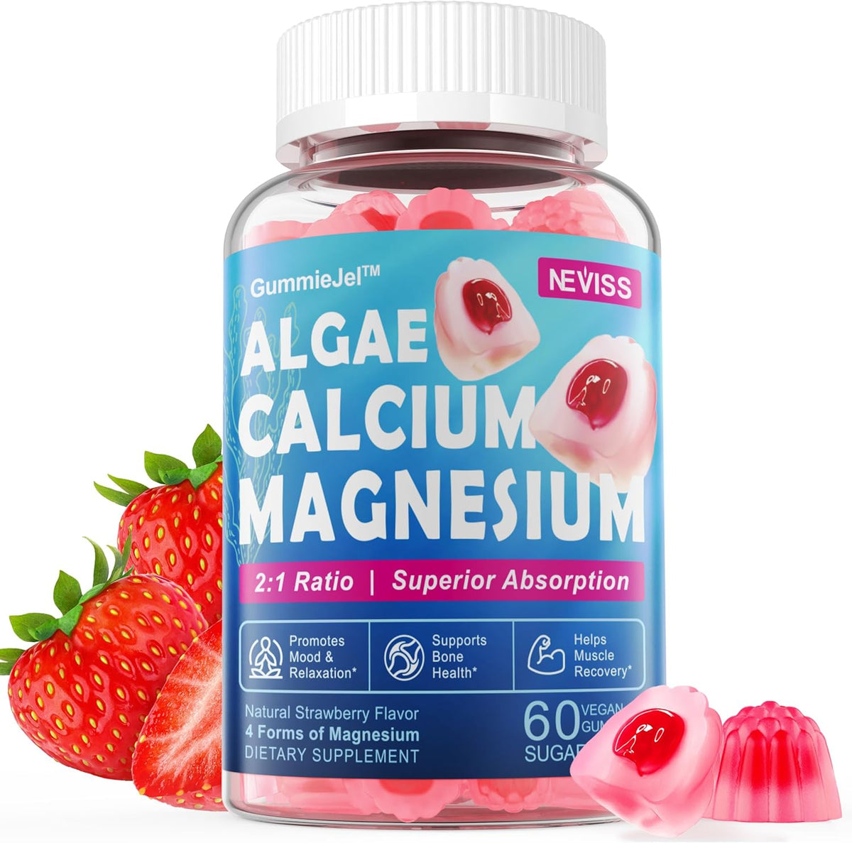 Calcium Supplement Gummy with Algae Calcium 600mg, Magnesium 300mg, Zinc, D3 & B12 Complex, 1Pack I56754