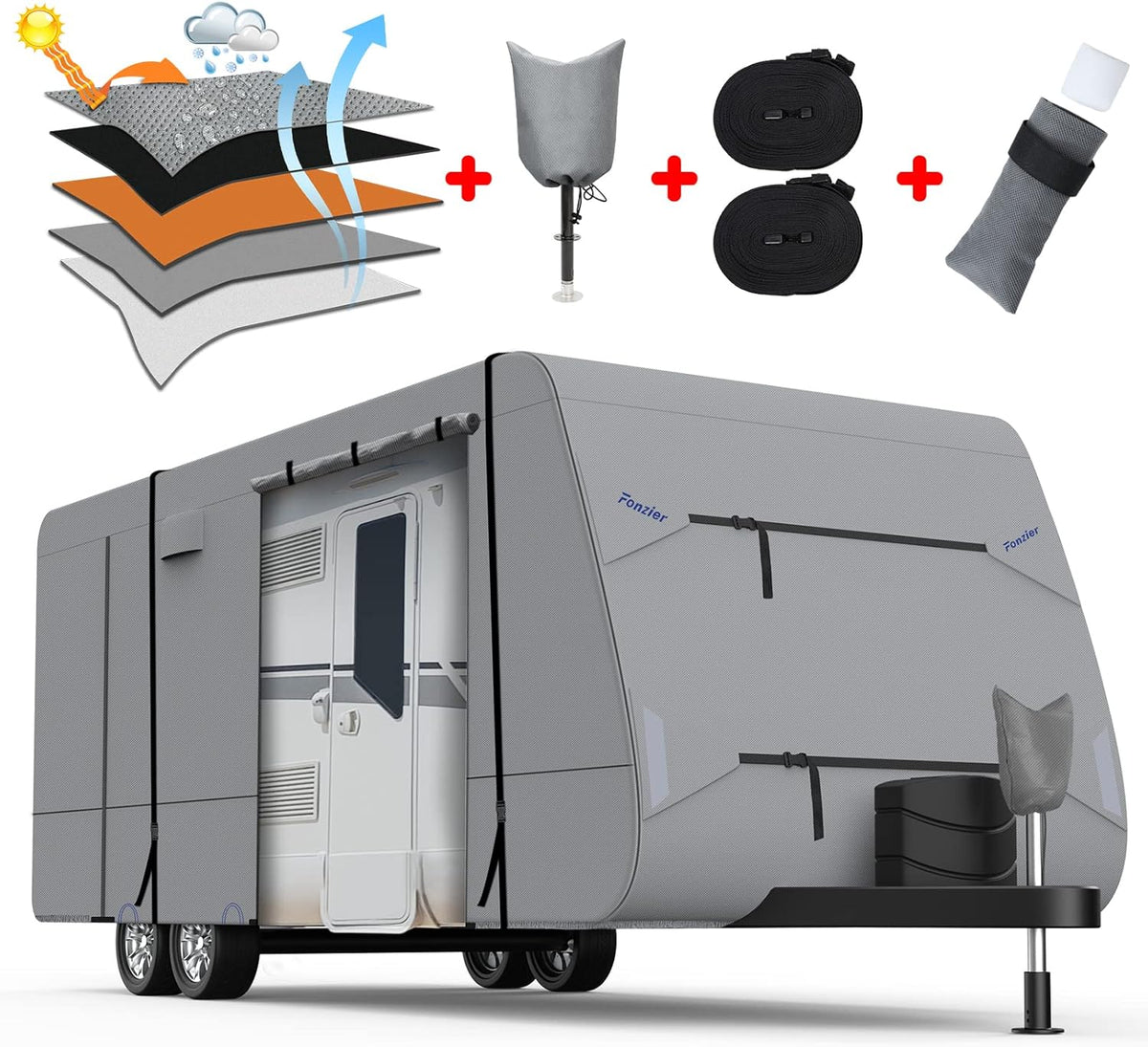 Heavy Duty 5 Layers Anti-UV Camper Cover with 4 Gutter Spout Covers Tongue Jack Cover 2 Windproof Straps R256