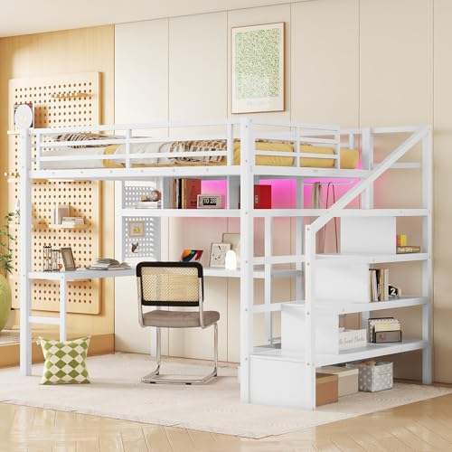 Black Full Size Metal Loft Bed with Desk and Wardrobe D564