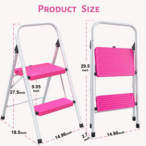 2 Step Stool Folding Anti-Slip Lightweight Steel 330LBS Pink G63914