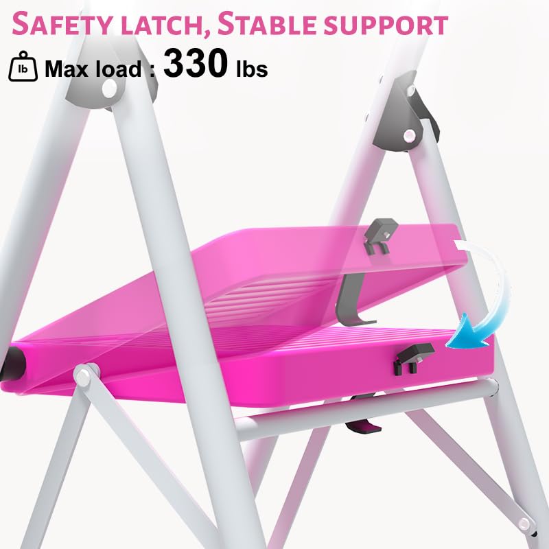 2 Step Stool Folding Anti-Slip Lightweight Steel 330LBS Pink G63914