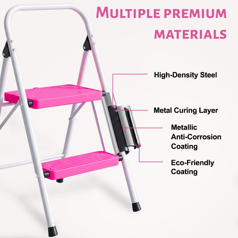 2 Step Stool Folding Anti-Slip Lightweight Steel 330LBS Pink G63914
