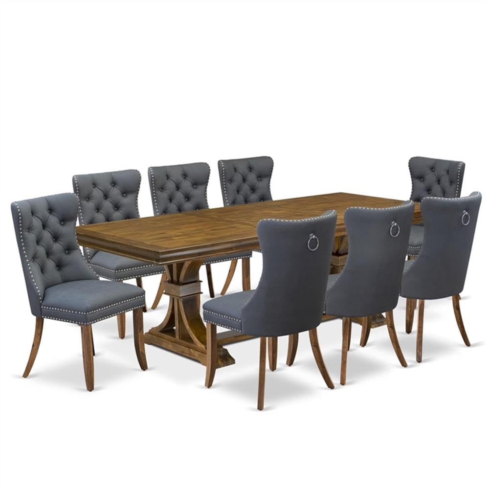 9-Piece Acacia Wood Dining Set with Gray Faux Leather Chairs X226983