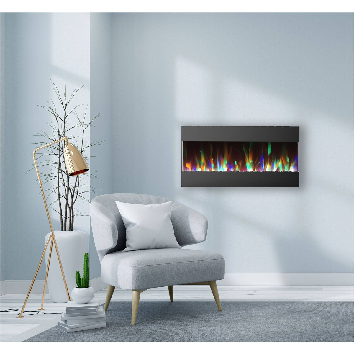 Recessed Wall Mounted Electric Fireplace with Crystal and LED Color Changing Display, Black M48664