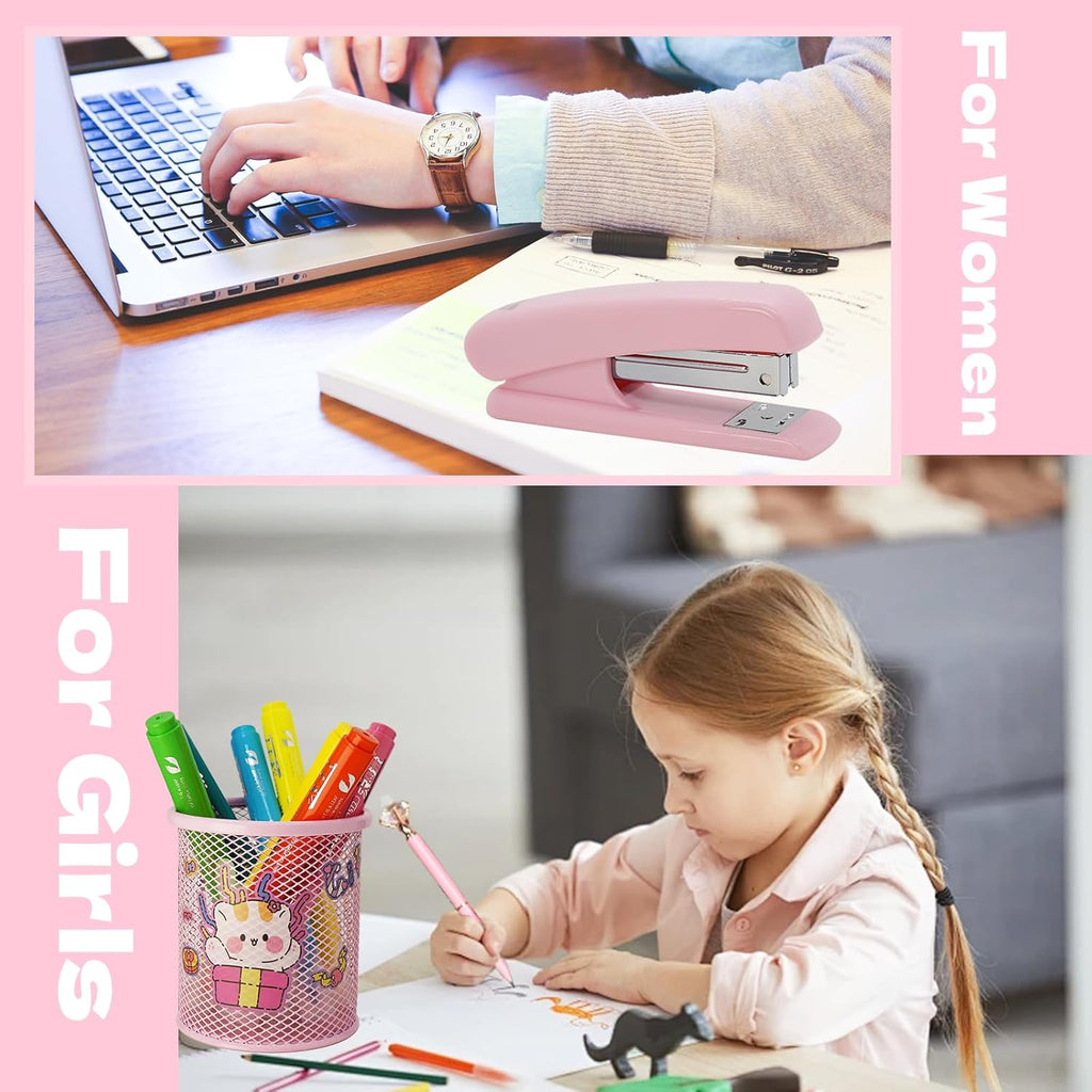 Pink Office Supplies Set with Stapler, Tape Dispenser, Pen Holder, 1000 Staples E317