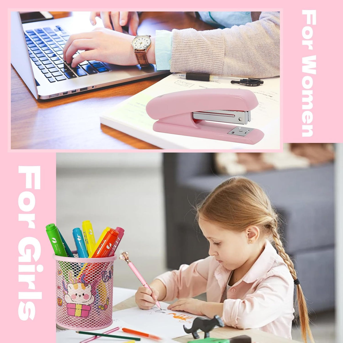 Pink Office Supplies Set with Stapler, Tape Dispenser, Pen Holder, 1000 Staples E317
