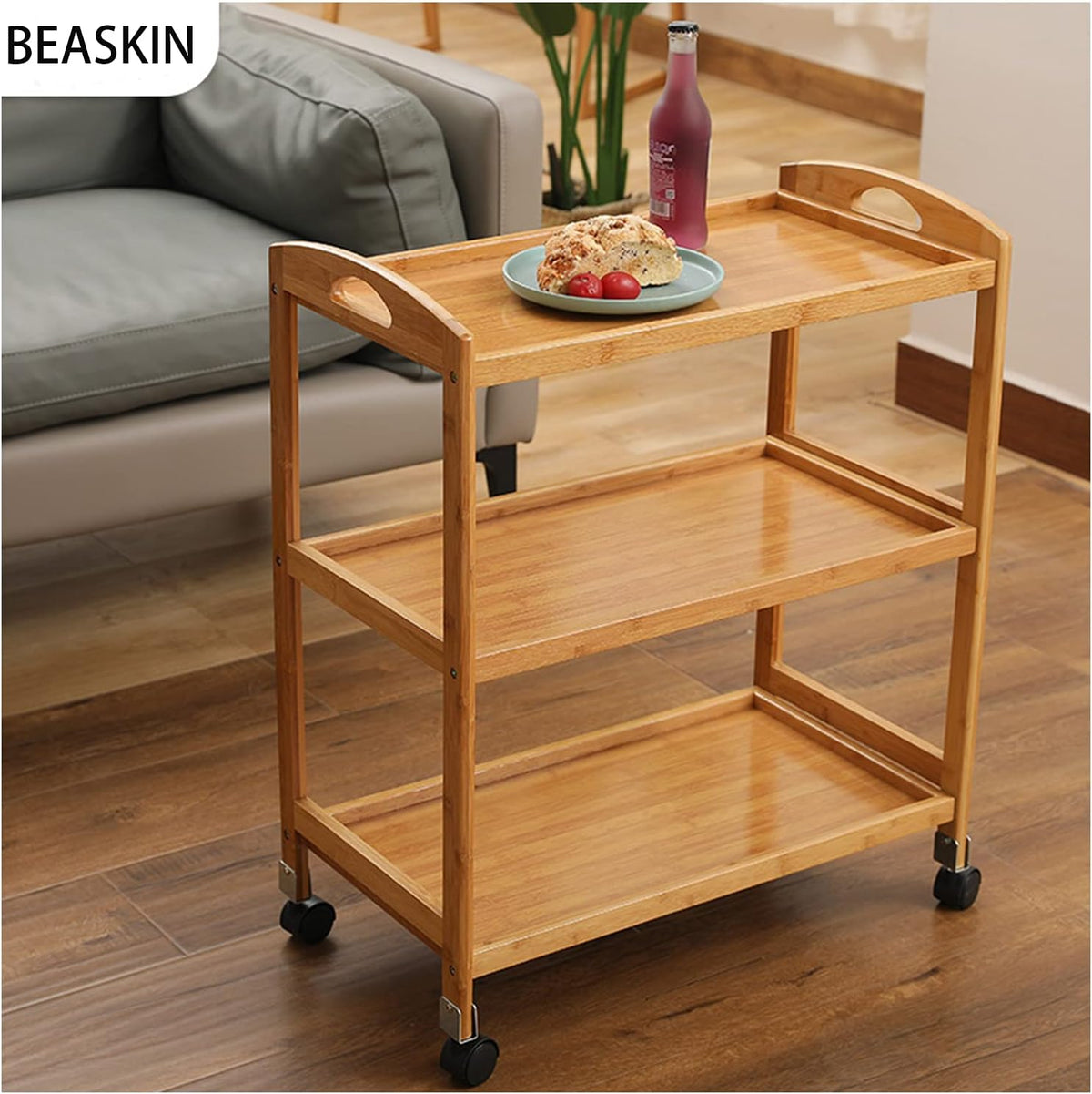 Side Table with Three-Tier Storage and Four Wheels W25372