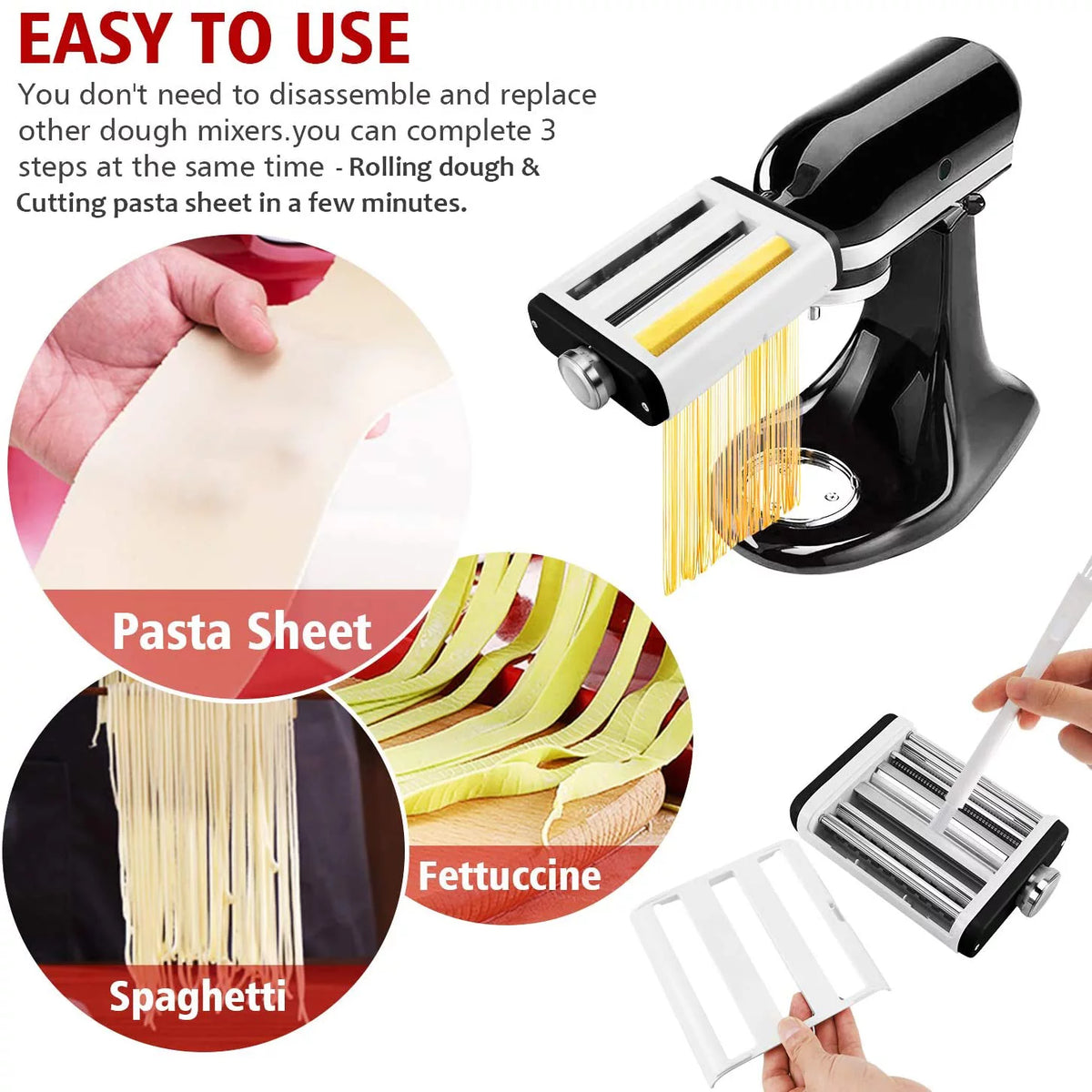 3 In 1 Pasta Maker Attachment for Kitchenaid Mixer with Pasta Dough Roller, Spaghetti Cutter, Fettuccine Cutter and Cleaning Brush O44867