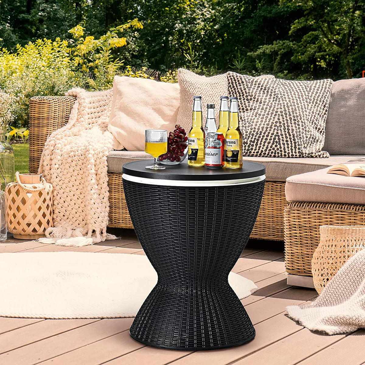 Black Rattan Style Cool Bar Table with 8 Gallon Cooler T5577