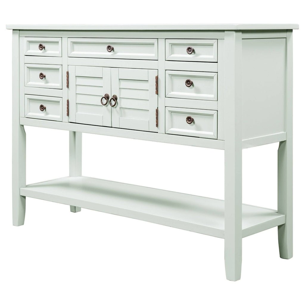 Light Blue Pine Console Table with 7 Drawers and 1 Cabinet and 1 Shelf J287019