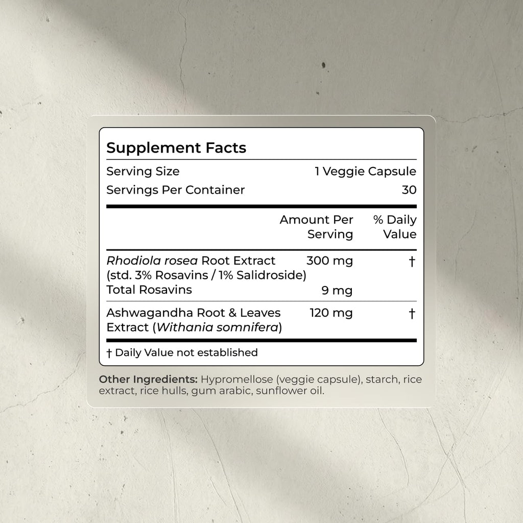 Ashwagandha & Rhodiola 120mg Adaptogen Capsules 30 Vegan Capsules X5008