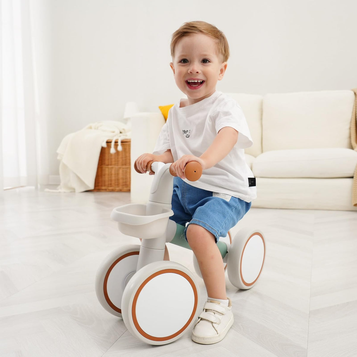 Pink Toddler Balance Bike with Adjustable Seat and Front Basket S64735