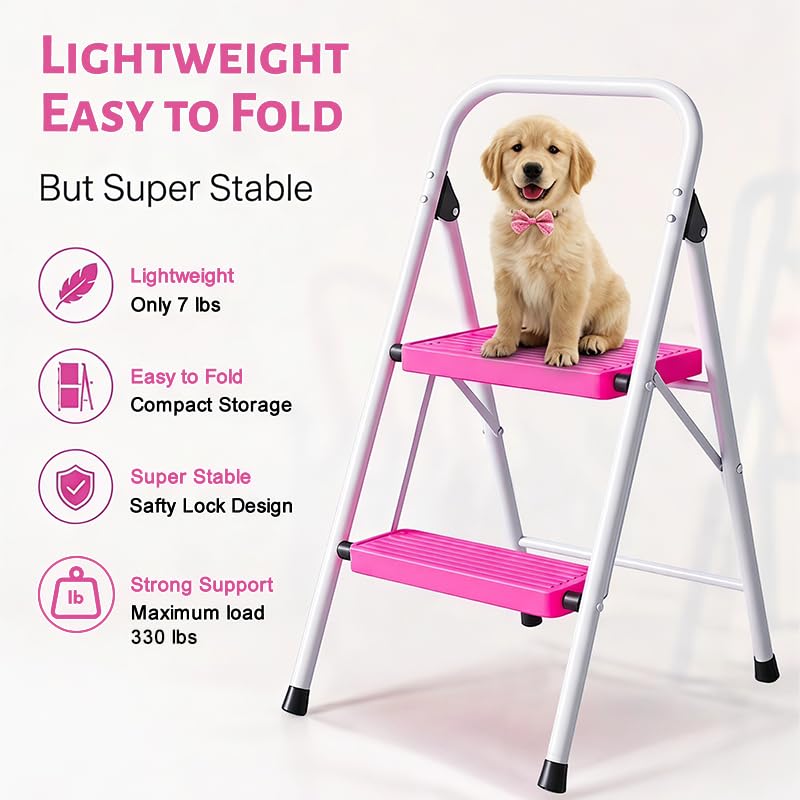 2 Step Stool Folding Anti-Slip Lightweight Steel 330LBS Pink G63914
