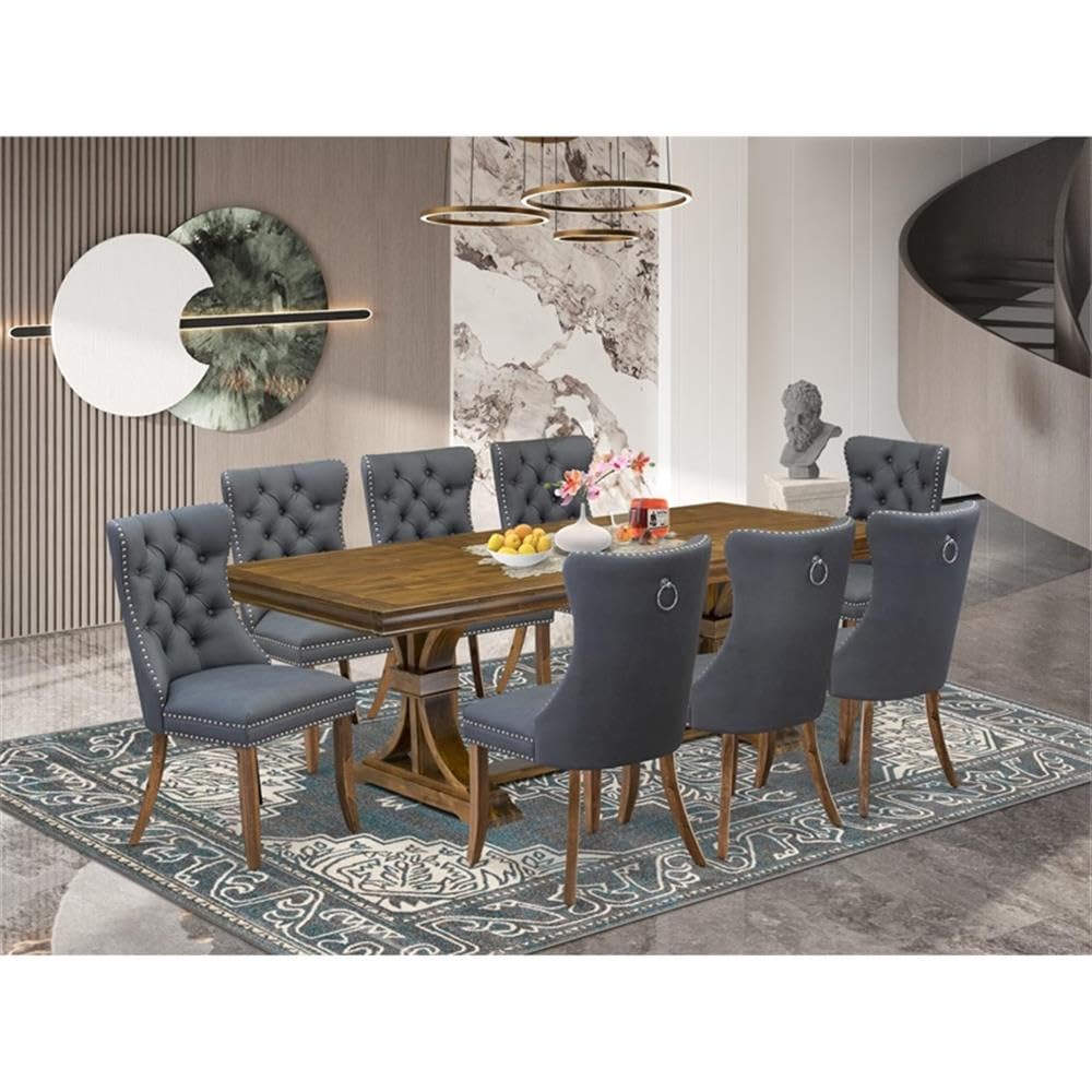 9-Piece Acacia Wood Dining Set with Gray Faux Leather Chairs X226983
