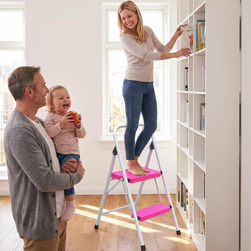 2 Step Stool Folding Anti-Slip Lightweight Steel 330LBS Pink G63914