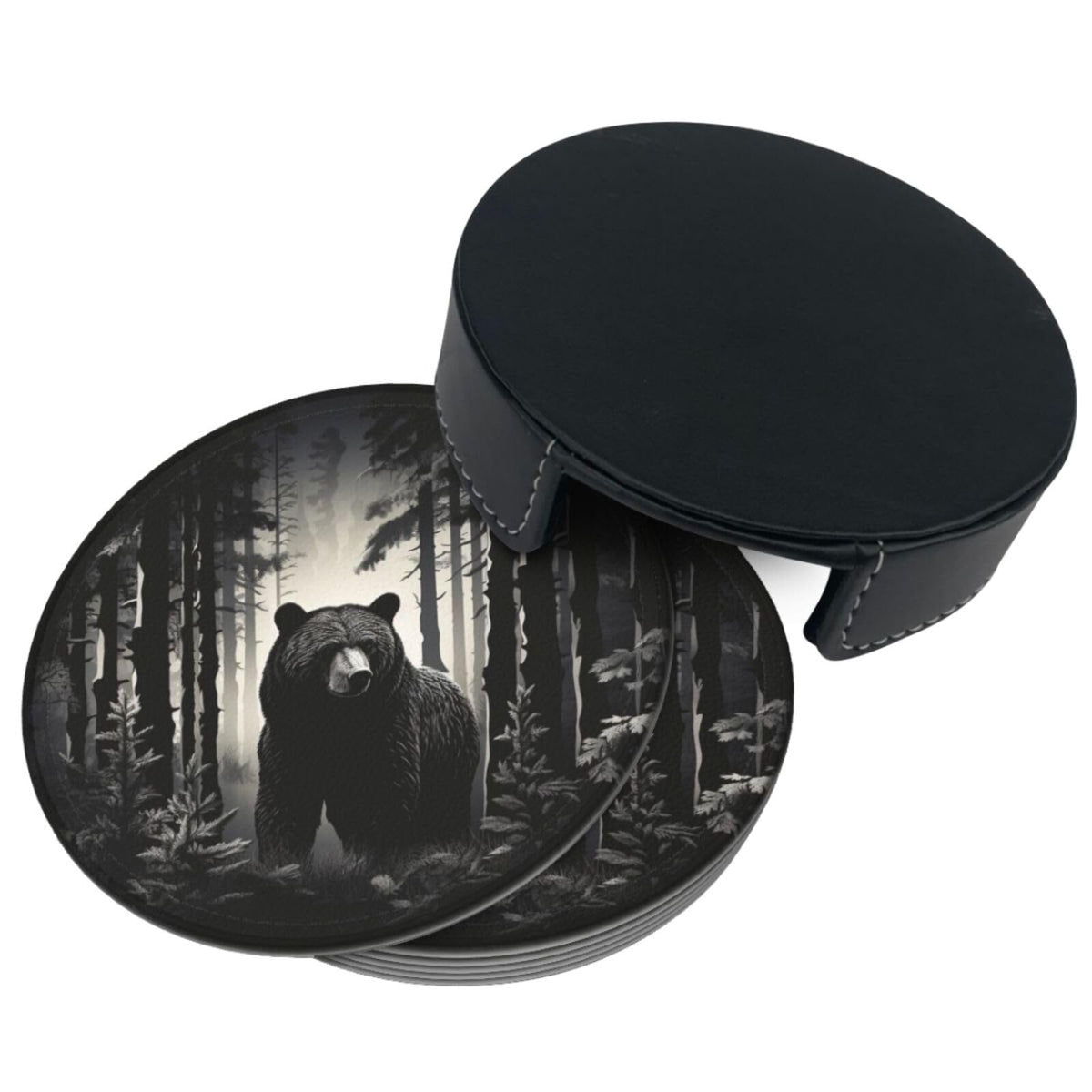 Black 6 Pcs Leather Coasters with Holder U96942