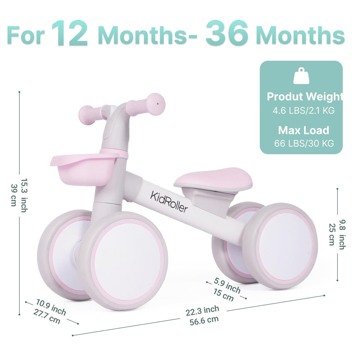Pink Toddler Balance Bike with Adjustable Seat and Front Basket S64735