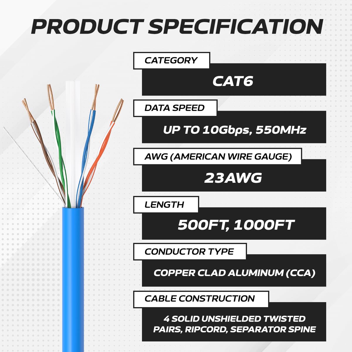 CAT6 Cable 1000ft Solid Ethernet LAN UTP Cable 23AWG 550Mhz RJ45 CCA Wire Blue P6246